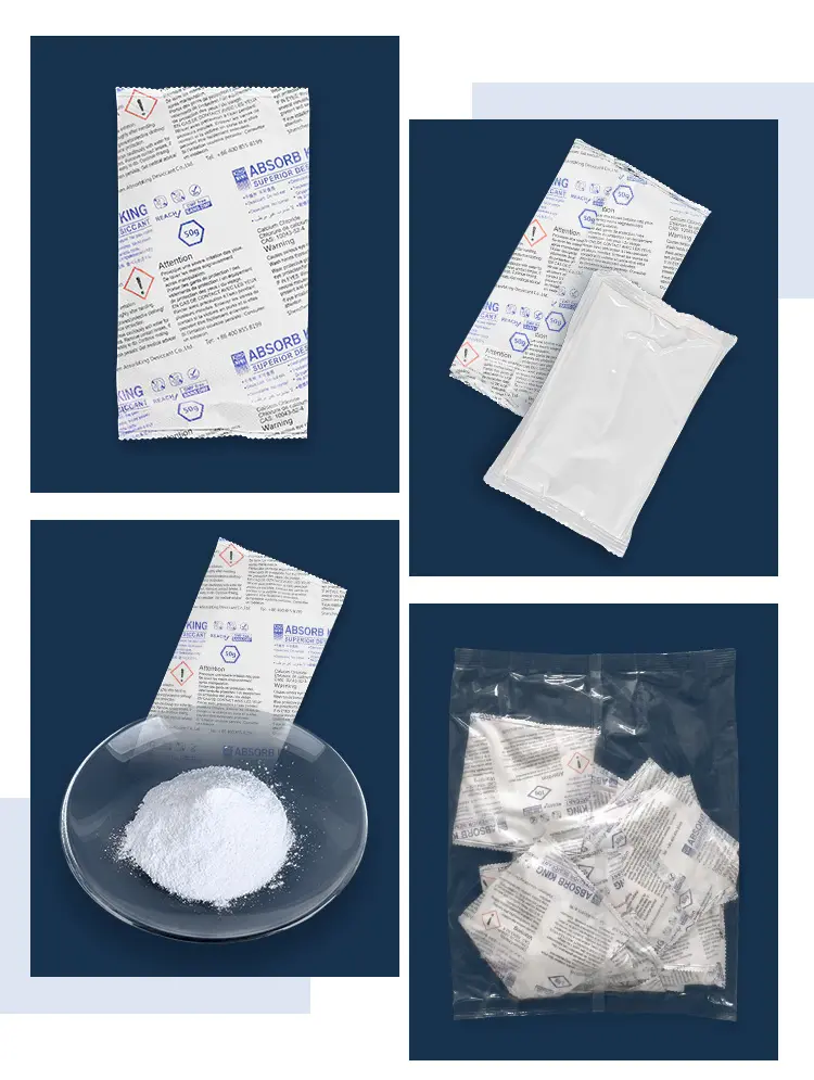 Tampilan kemasan luar, sachet dalam, dan bahan desiccant kalsium klorida